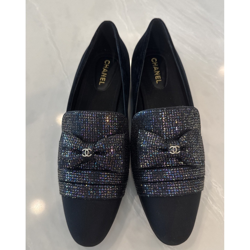Chanel Bow Glitter Moccasin Loafers G34249 Y52369 CC Logo Flats NEW